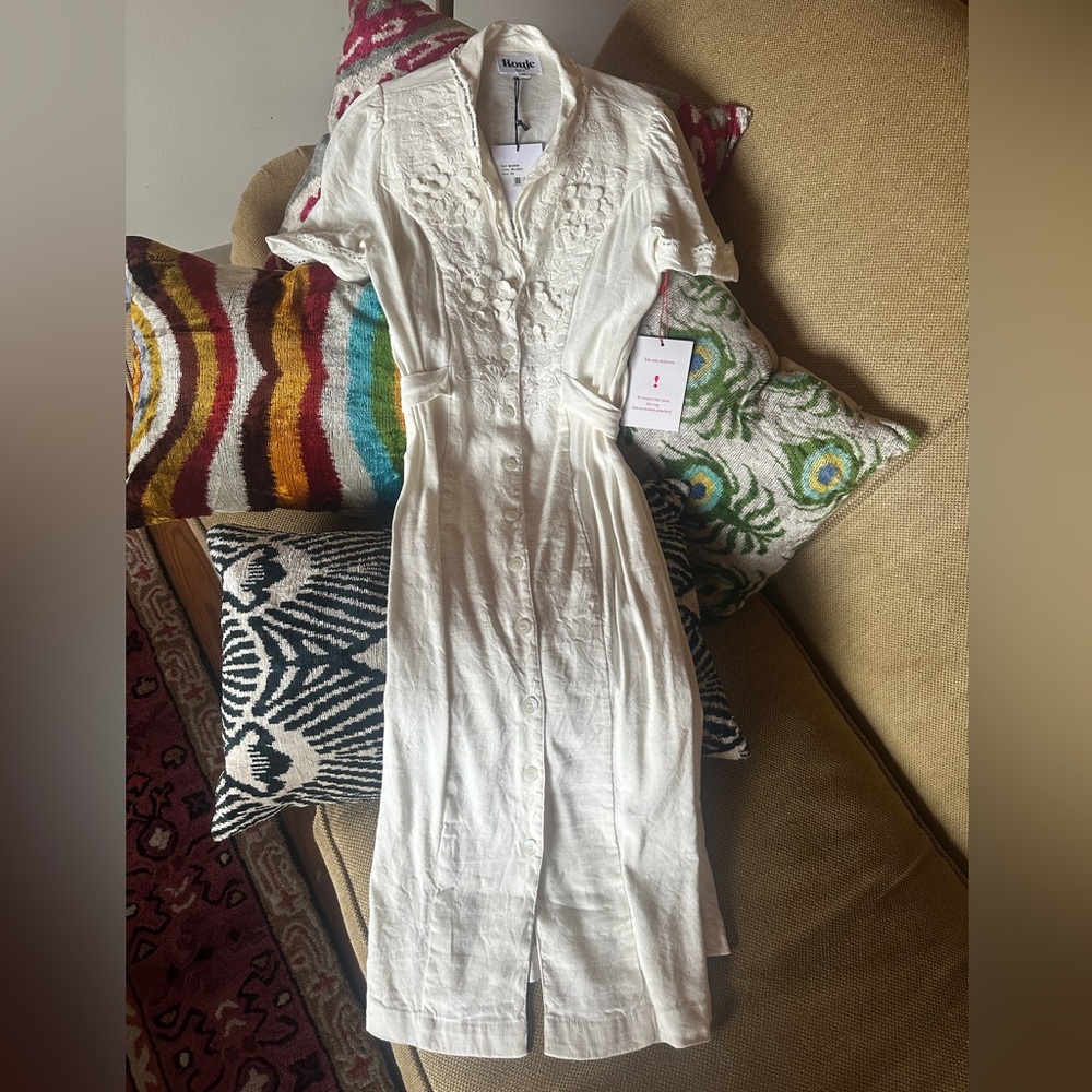 Rouje Cream Linen Embroidered Midi Dress US 0/2 FR 34